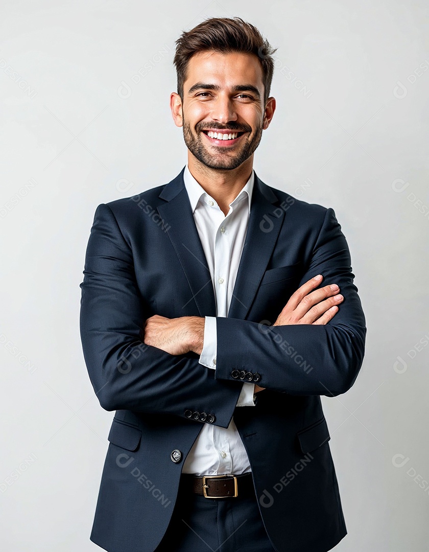 Um retrato de um empresário feliz com os braços cruzados em fundo branco