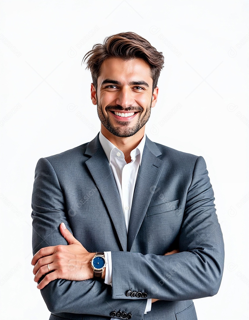Um retrato de um empresário feliz com os braços cruzados em fundo branco