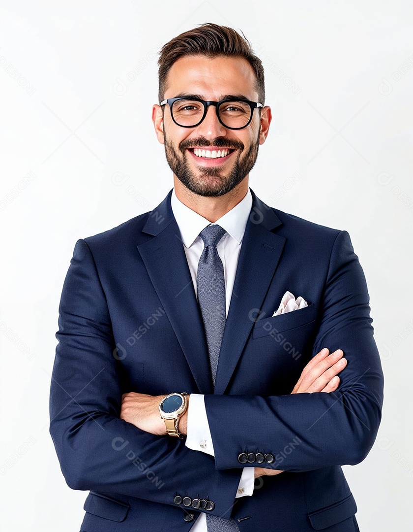 Um retrato de um empresário feliz com os braços cruzados em fundo branco