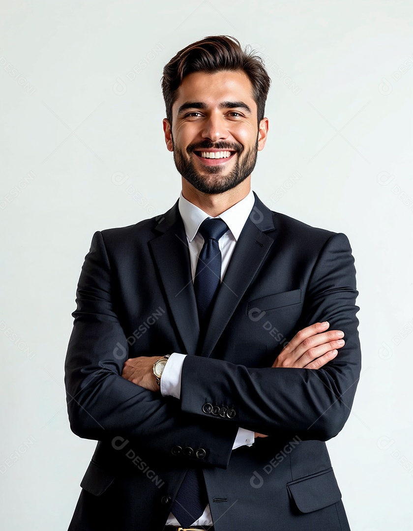 Um retrato de um empresário feliz com os braços cruzados em fundo branco