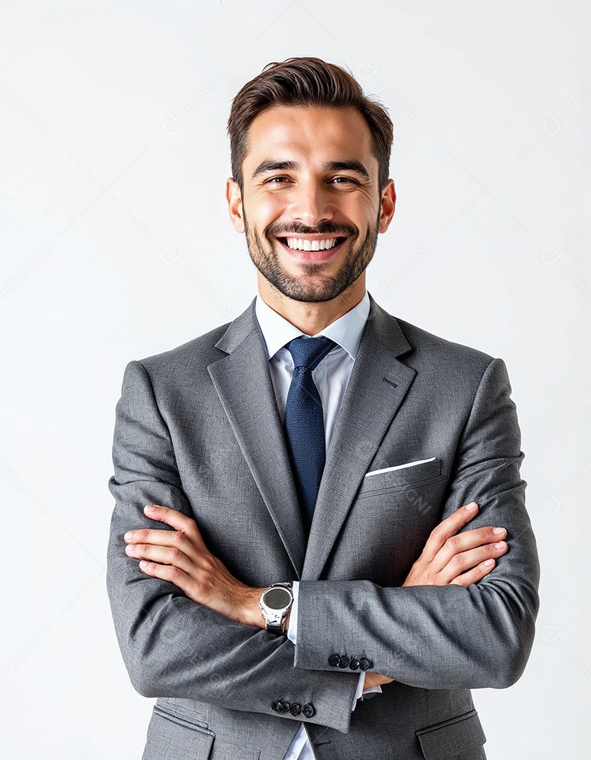 Um retrato de um empresário feliz com os braços cruzados em fundo branco