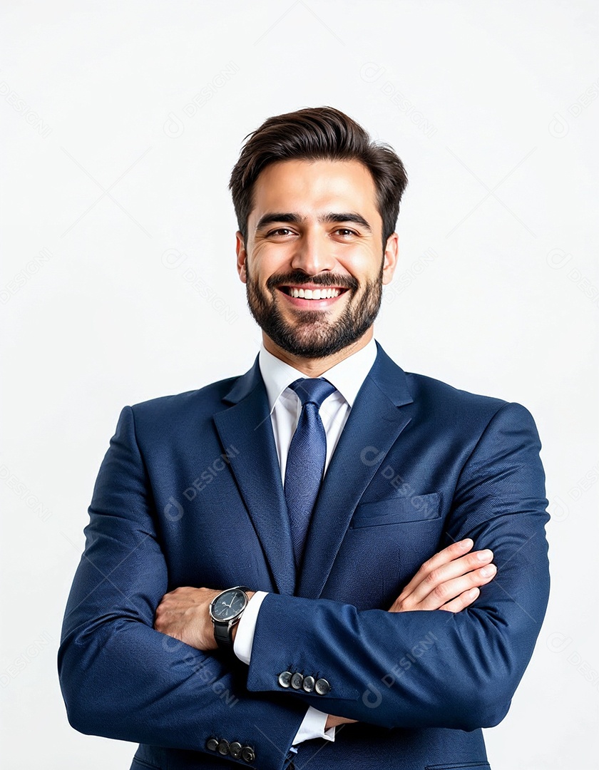 Um retrato de um empresário feliz com os braços cruzados em fundo branco