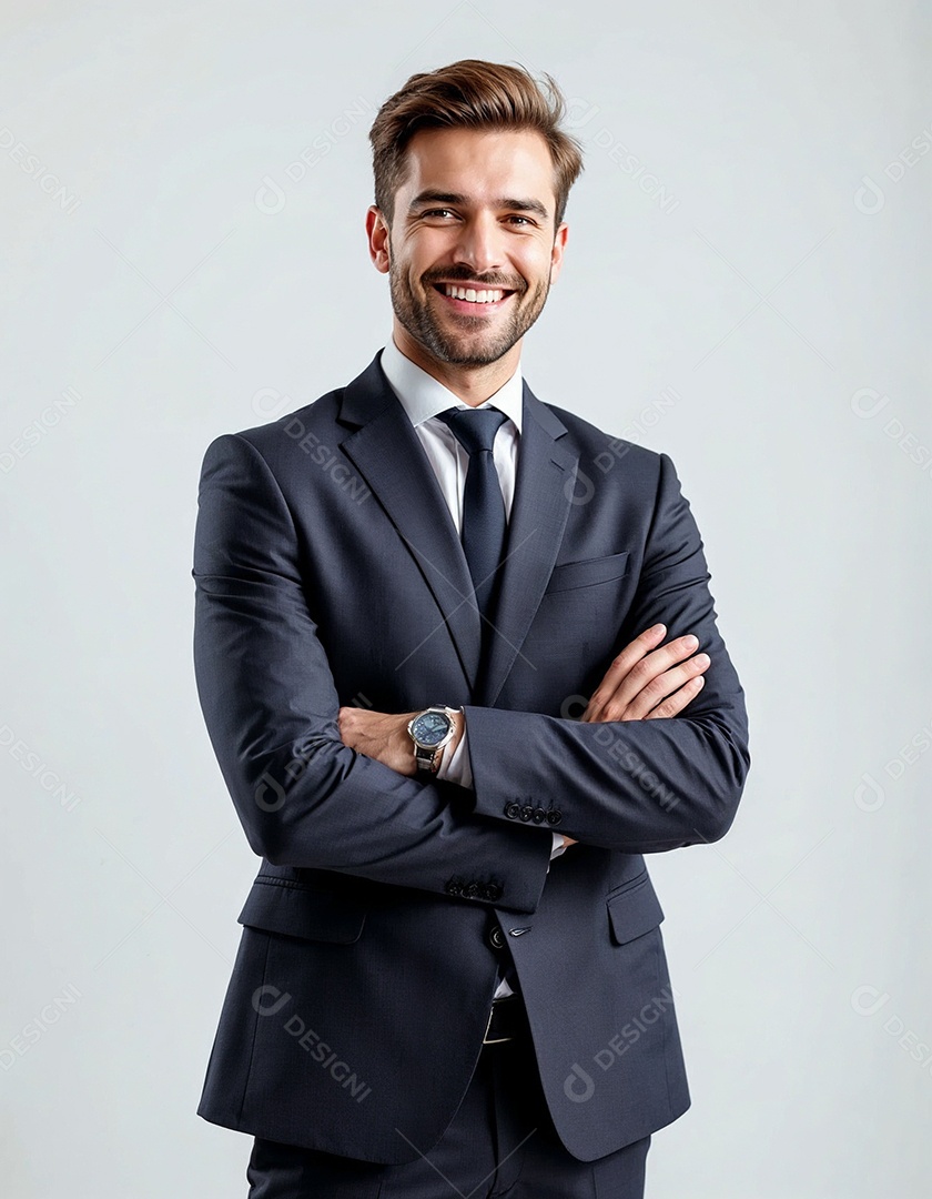 Um retrato de um empresário feliz com os braços cruzados em fundo branco