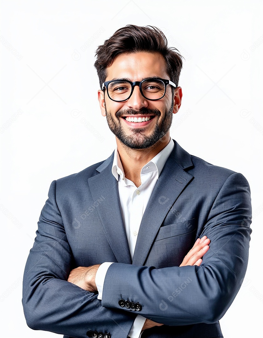 Um retrato de um empresário feliz com os braços cruzados em fundo branco