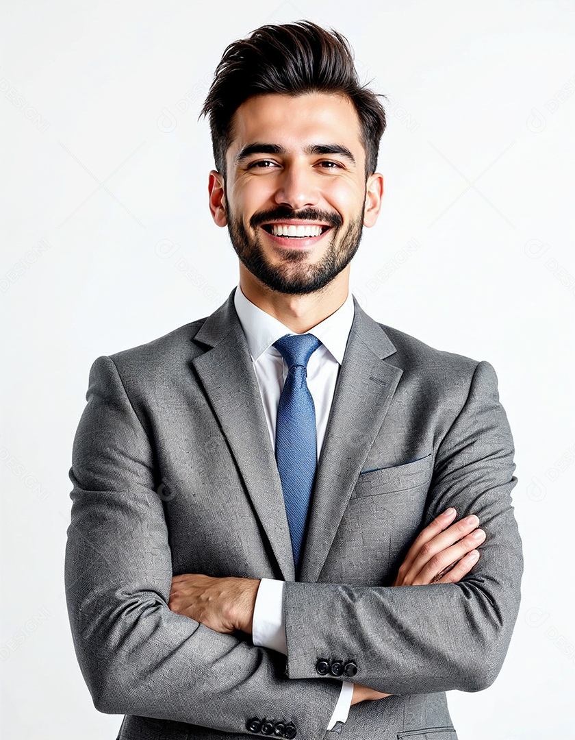 Um retrato de um empresário feliz com os braços cruzados em fundo branco