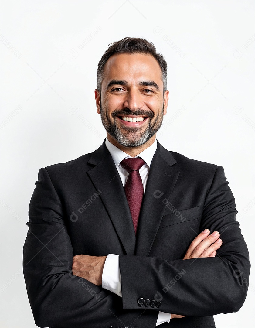 Um retrato de um empresário feliz com os braços cruzados em fundo branco