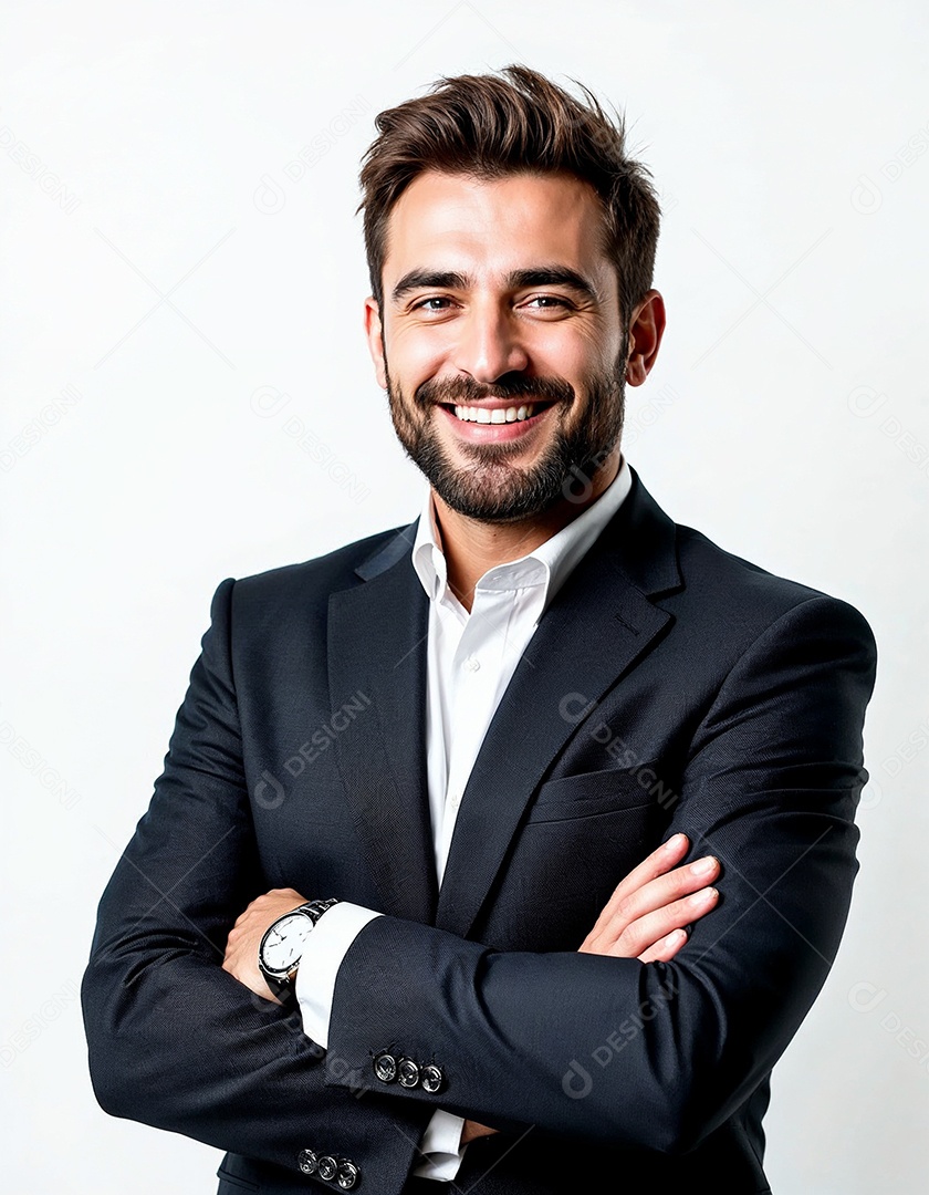 Um retrato de um empresário feliz com os braços cruzados em fundo branco