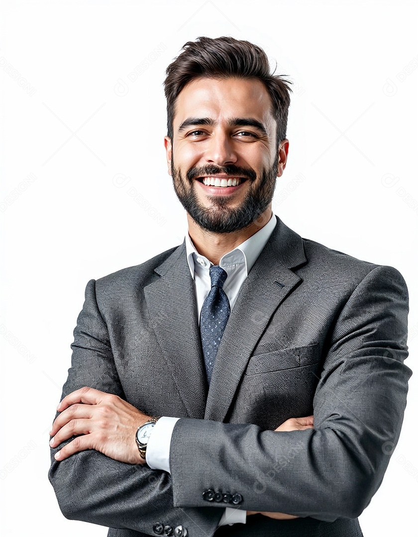 Um retrato de um empresário feliz com os braços cruzados em fundo branco