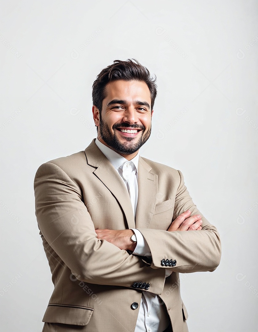 Um retrato de um empresário feliz com os braços cruzados em fundo branco