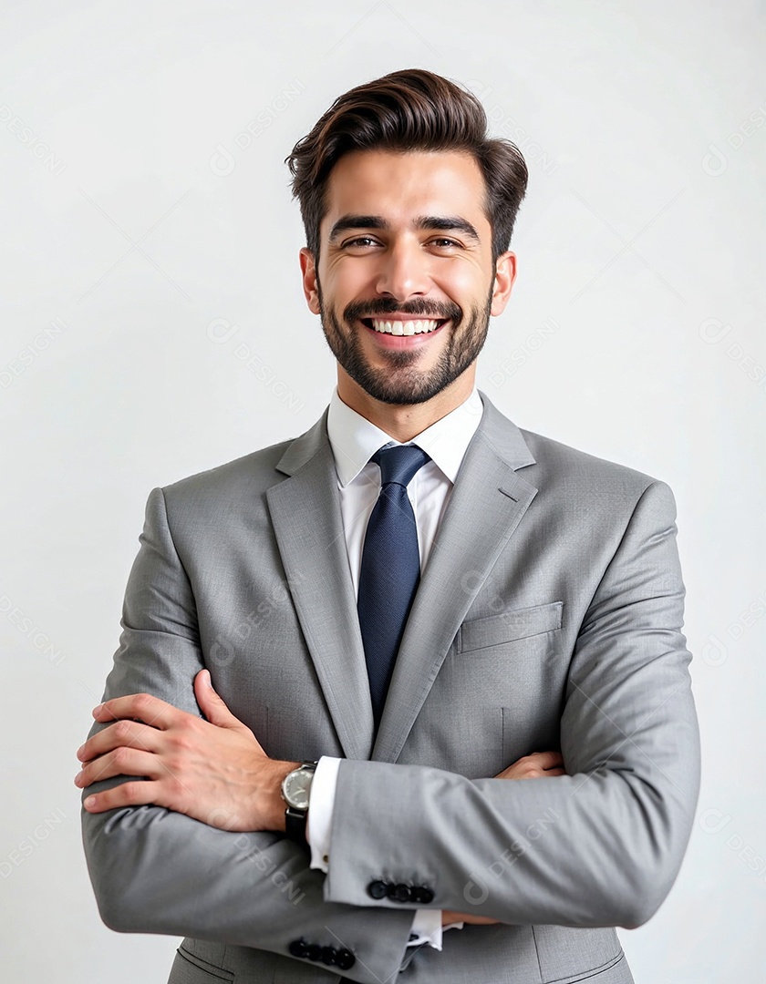 Um retrato de um empresário feliz com os braços cruzados em fundo branco