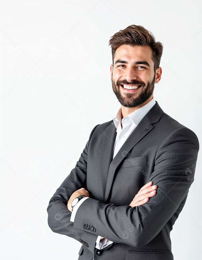 Um retrato de um empresário feliz com os braços cruzados em fundo branco