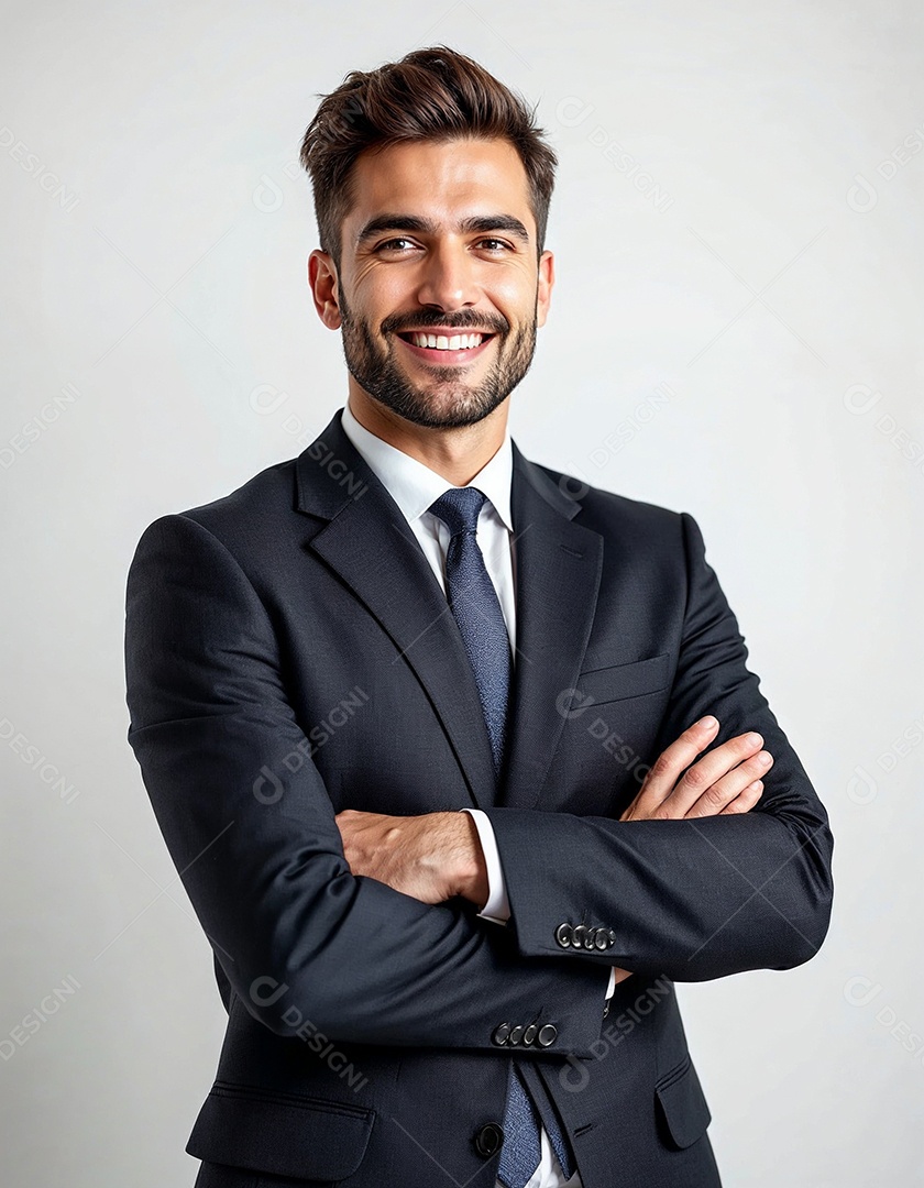 Um retrato de um empresário feliz com os braços cruzados em fundo branco