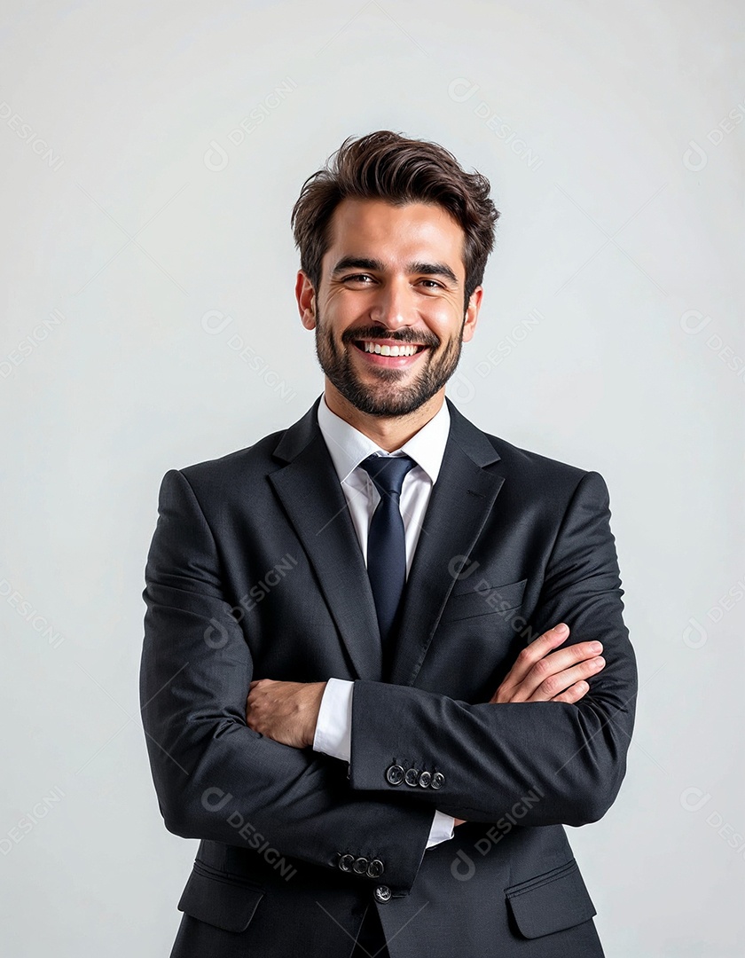 Um retrato de um empresário feliz com os braços cruzados em fundo branco