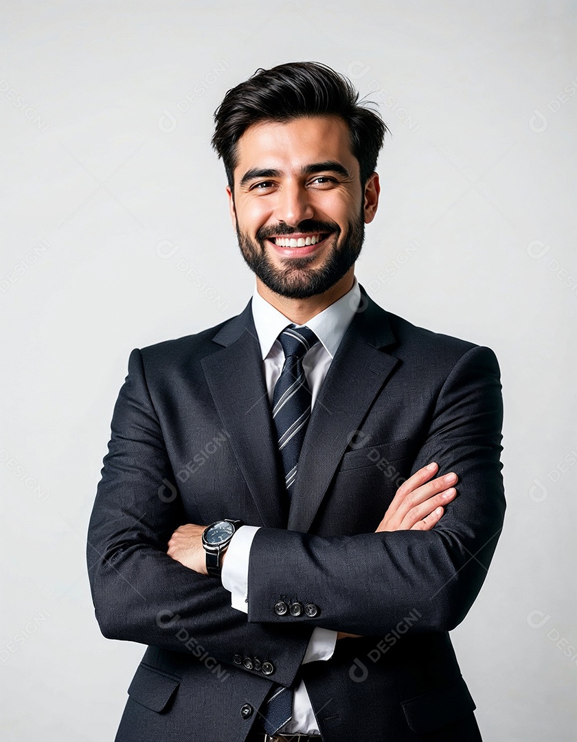 Um retrato de um empresário feliz com os braços cruzados em fundo branco