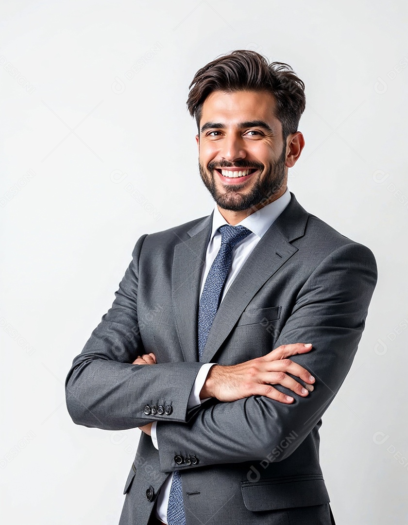 Um retrato de um empresário feliz com os braços cruzados em fundo branco
