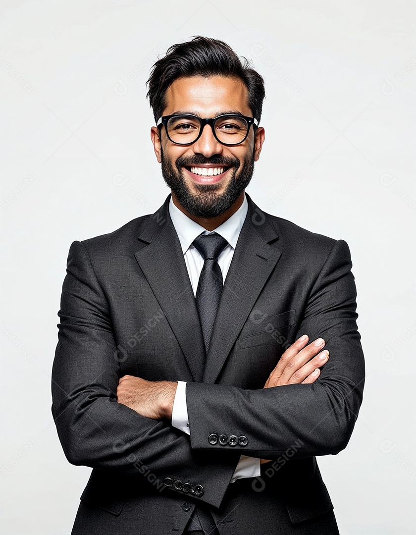 Um retrato de um empresário feliz com os braços cruzados em fundo branco