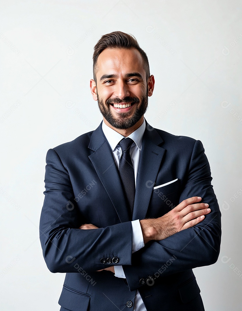 Um retrato de um empresário feliz com os braços cruzados em fundo branco