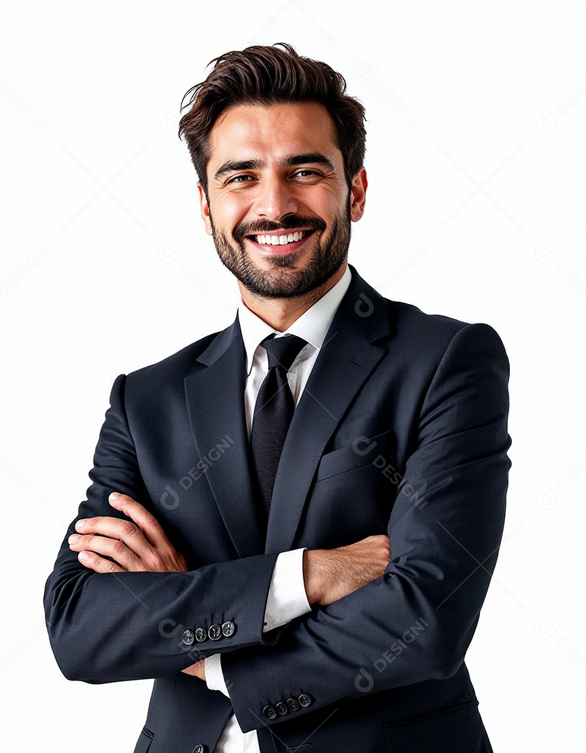 Um retrato de um empresário feliz com os braços cruzados em fundo branco