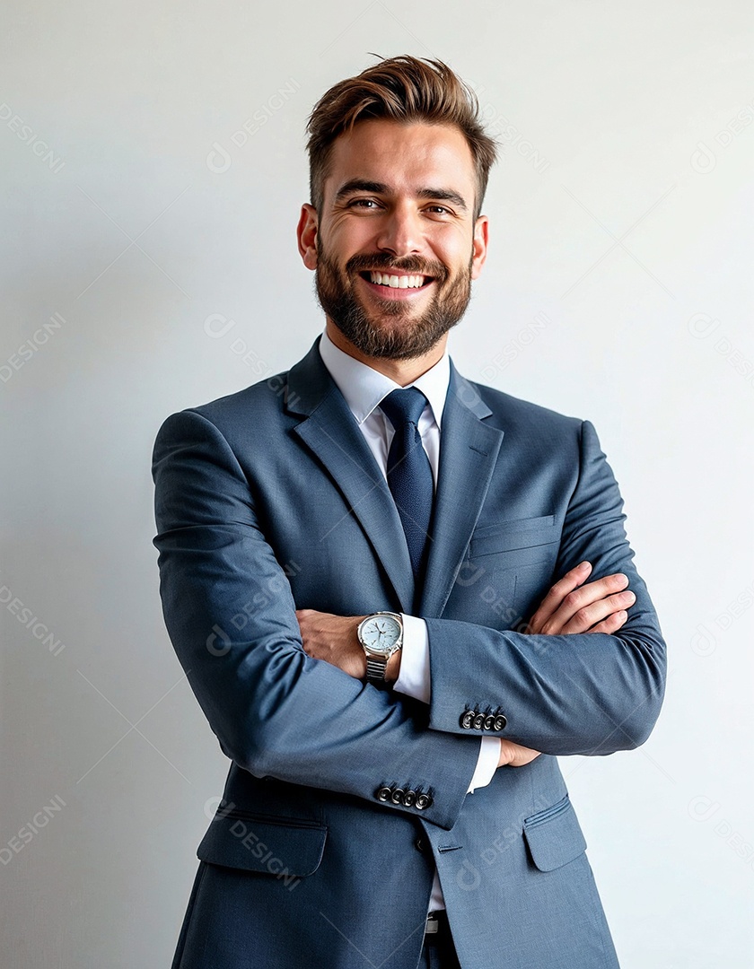 Um retrato de um empresário feliz com os braços cruzados em fundo branco