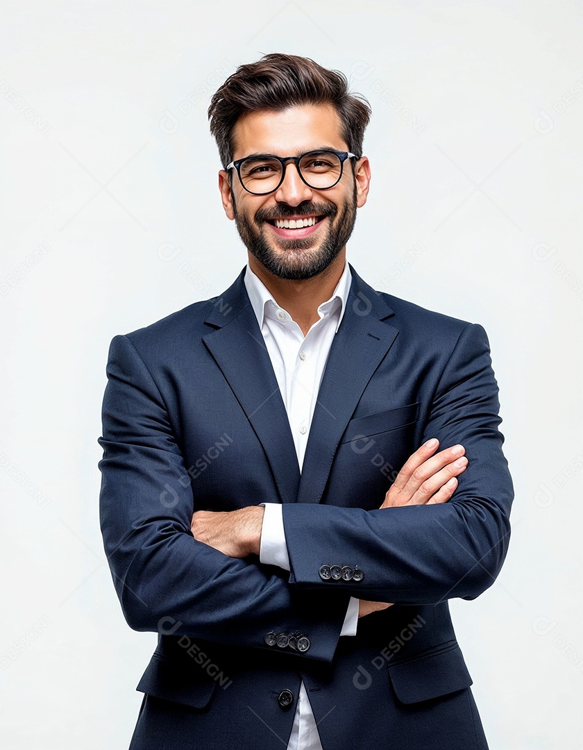 Um retrato de um empresário feliz com os braços cruzados em fundo branco