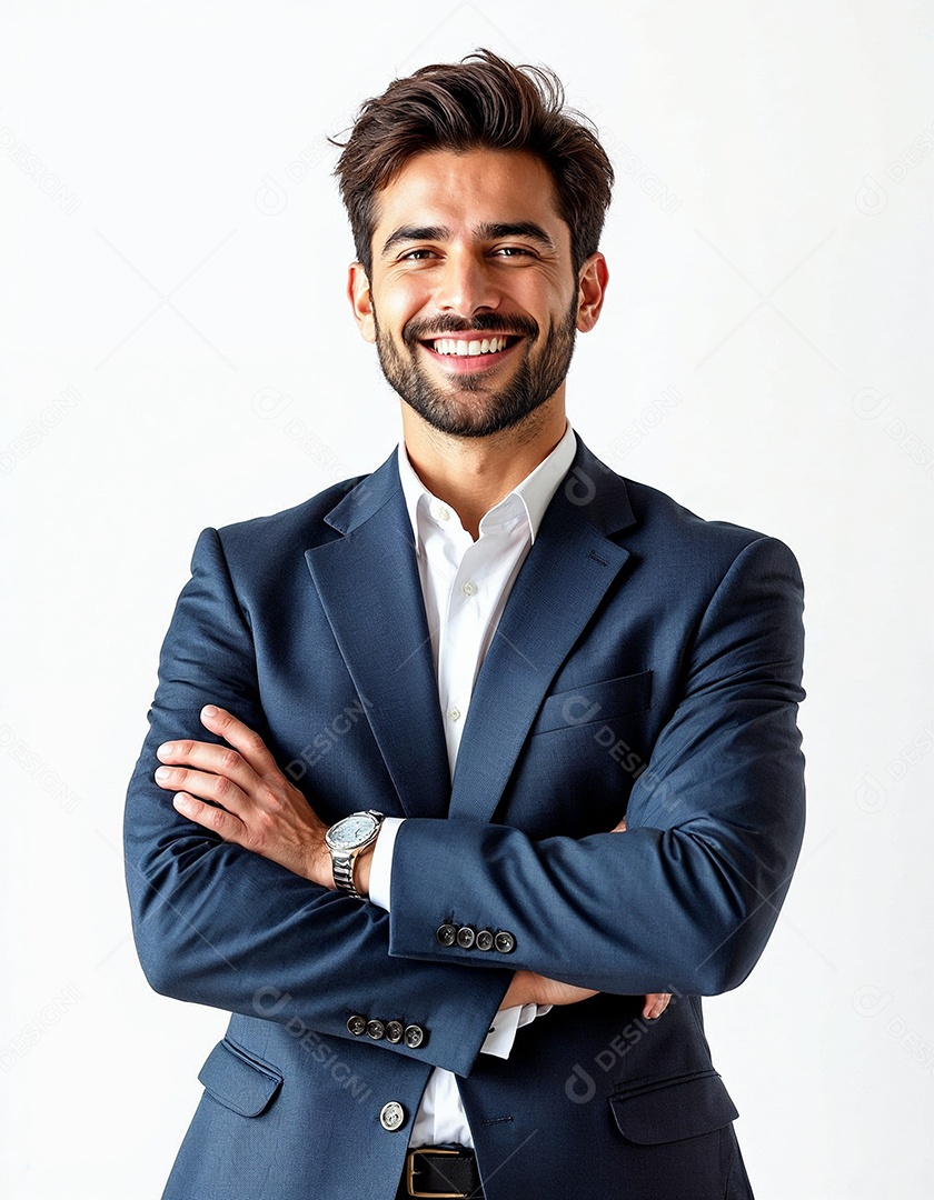 Um retrato de um empresário feliz com os braços cruzados em fundo branco