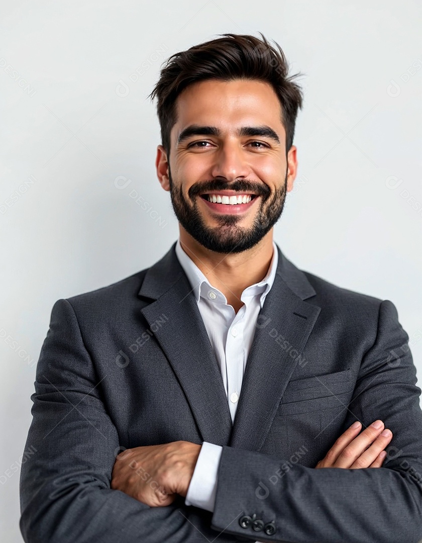 Um retrato de um empresário feliz com os braços cruzados em fundo branco