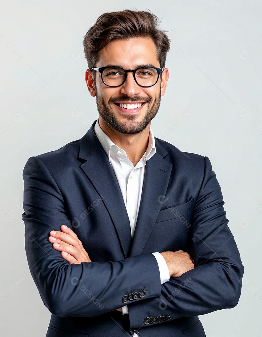 Um retrato de um empresário feliz com os braços cruzados em fundo branco