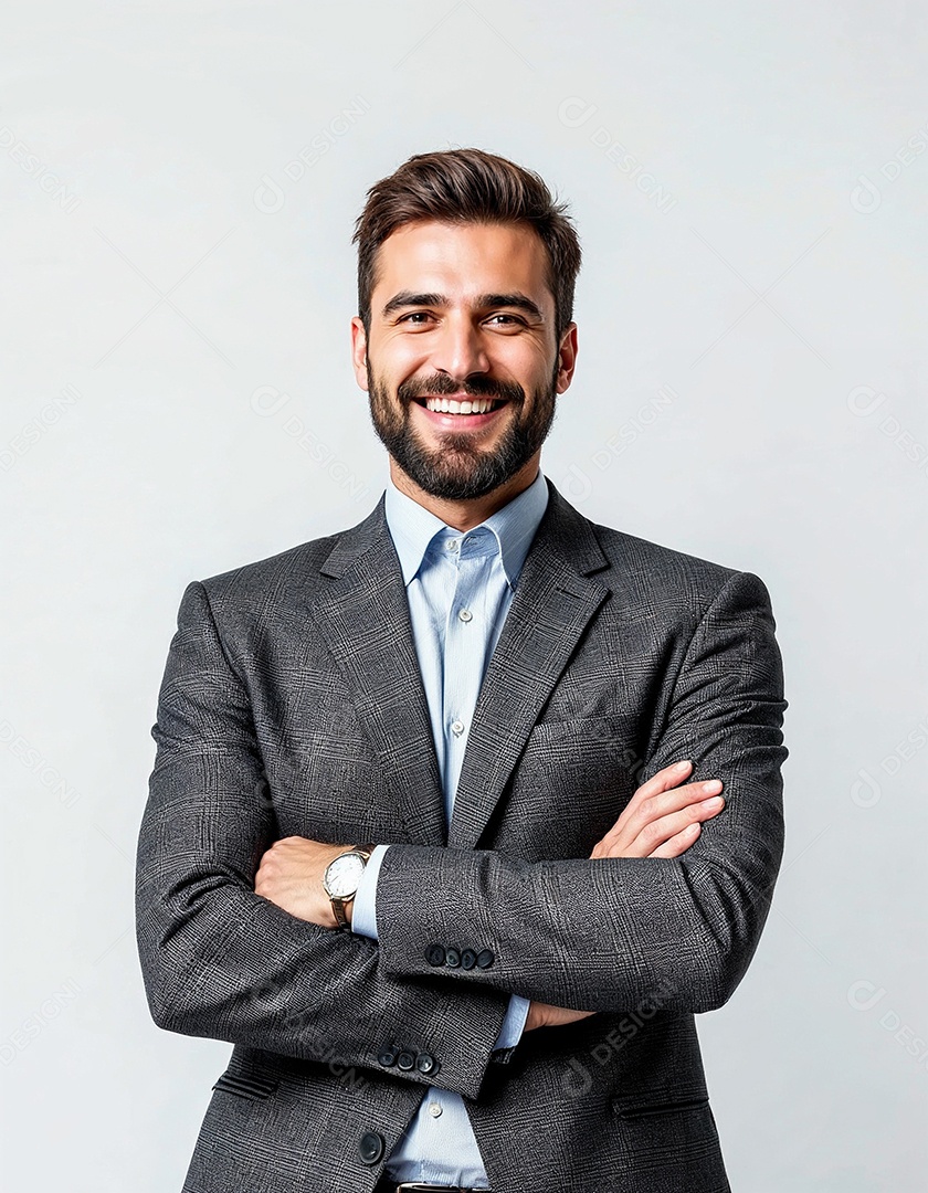 Um retrato de um empresário feliz com os braços cruzados em fundo branco