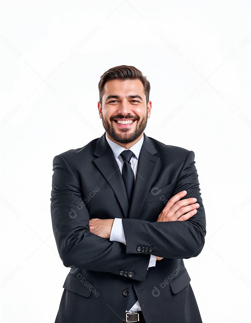 Um retrato de um empresário feliz com os braços cruzados em fundo branco