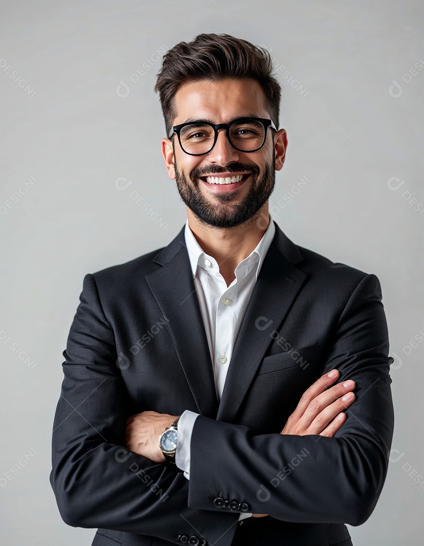 Um retrato de um empresário feliz com os braços cruzados em fundo branco
