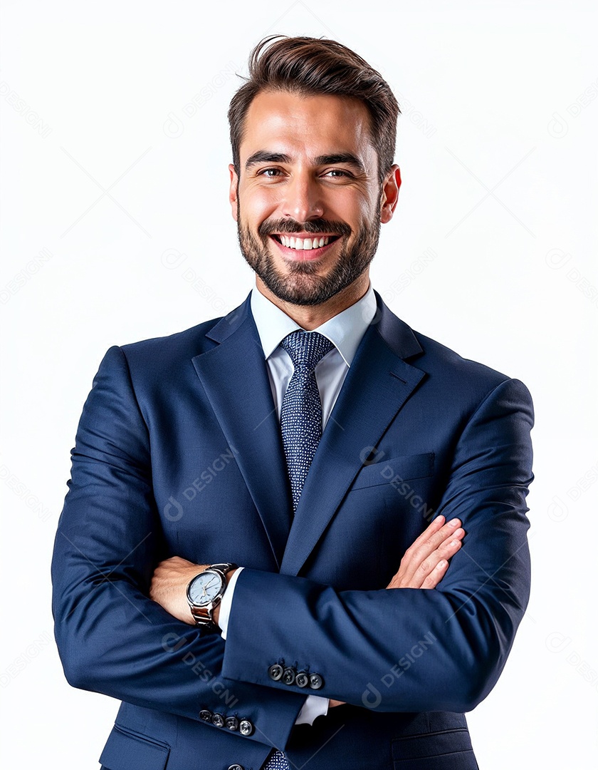 Um retrato de um empresário feliz com os braços cruzados em fundo branco