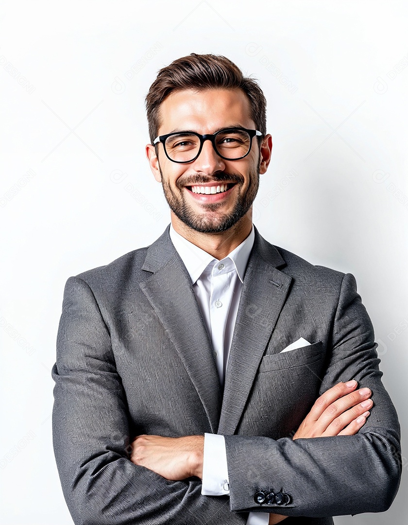 Um retrato de um empresário feliz com os braços cruzados em fundo branco