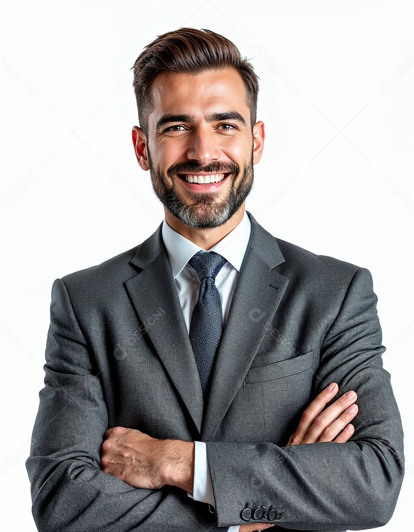 Um retrato de um empresário feliz com os braços cruzados em fundo branco