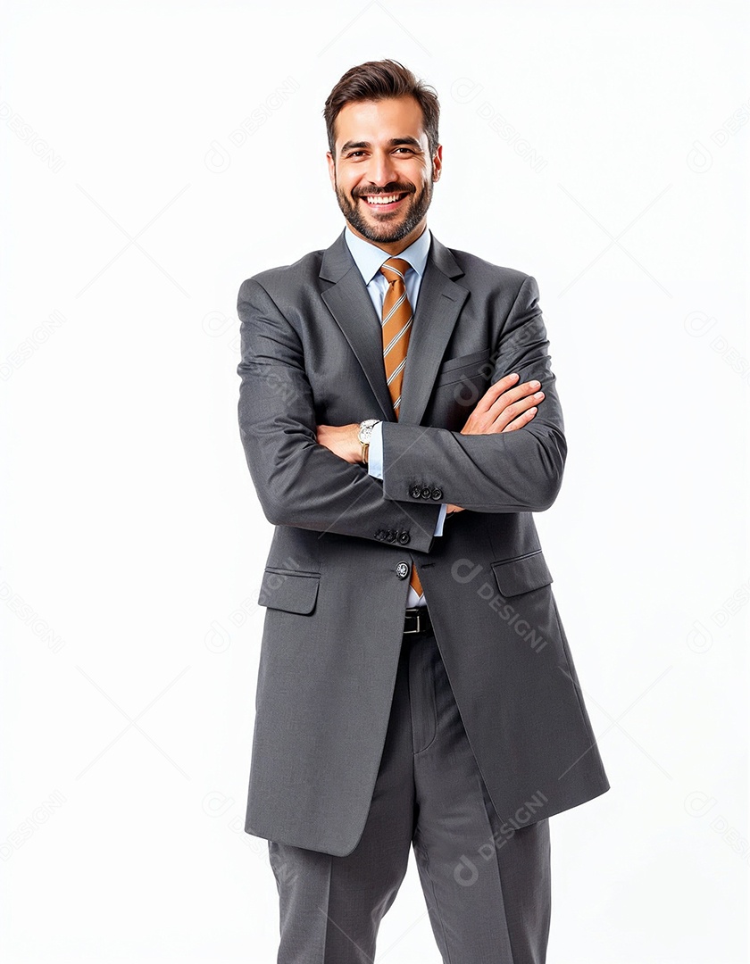 Um retrato de um empresário feliz com os braços cruzados em fundo branco