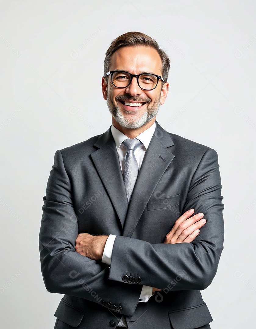 Um retrato de um empresário feliz com os braços cruzados em fundo branco