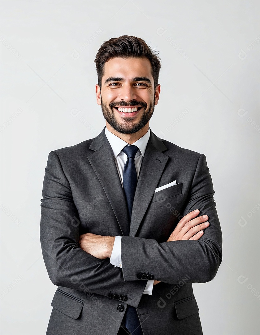 Um retrato de um empresário feliz com os braços cruzados em fundo branco