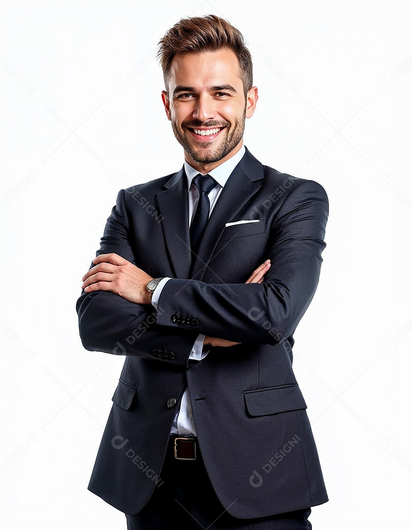 Um retrato de um empresário feliz com os braços cruzados em fundo branco