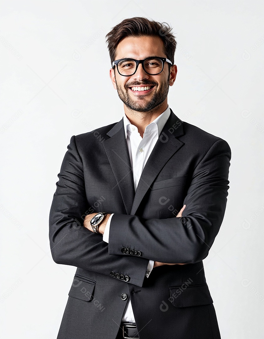Um retrato de um empresário feliz com os braços cruzados em fundo branco