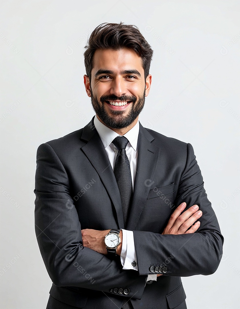 Um retrato de um empresário feliz com os braços cruzados em fundo branco