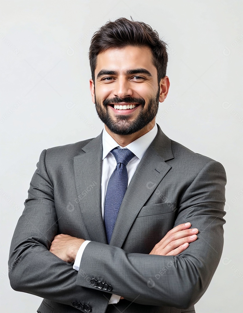 Um retrato de um empresário feliz com os braços cruzados em fundo branco