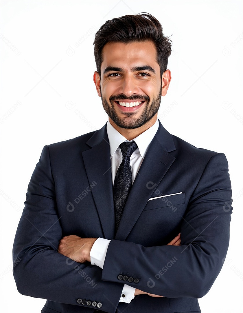 Um retrato de um empresário feliz com os braços cruzados em fundo branco
