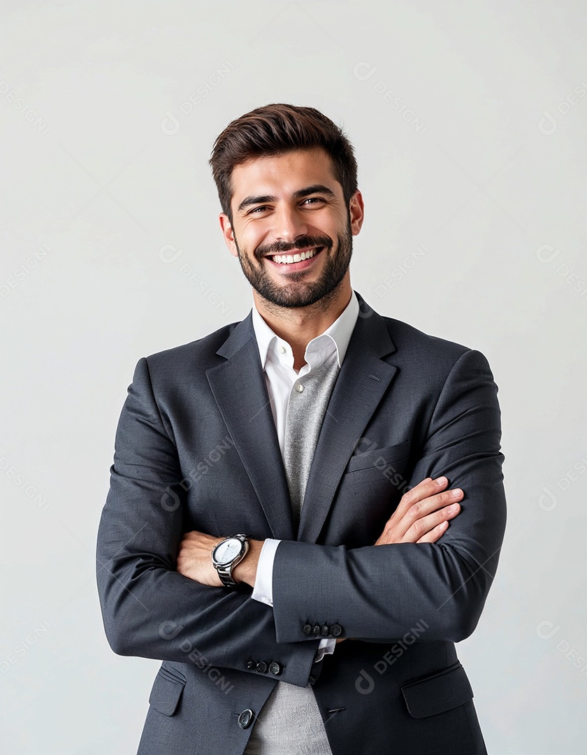Um retrato de um empresário feliz com os braços cruzados em fundo branco