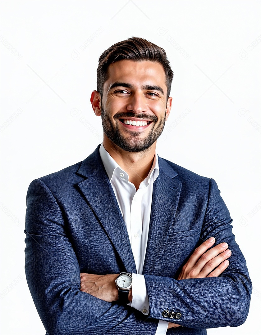 Um retrato de um empresário feliz com os braços cruzados em fundo branco