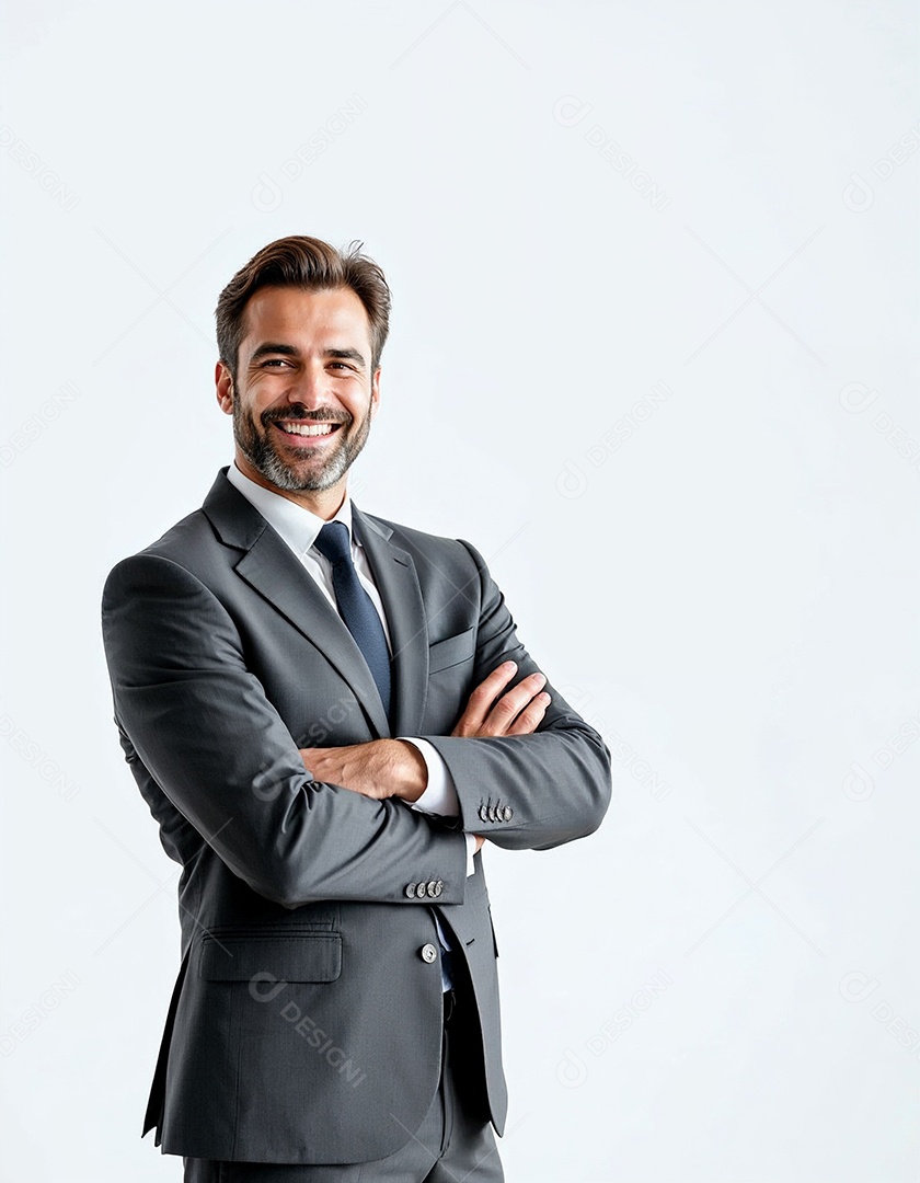 Um retrato de um empresário feliz com os braços cruzados em fundo branco