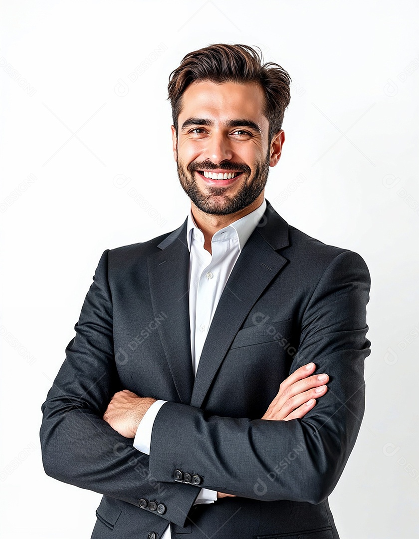 Um retrato de um empresário feliz com os braços cruzados em fundo branco