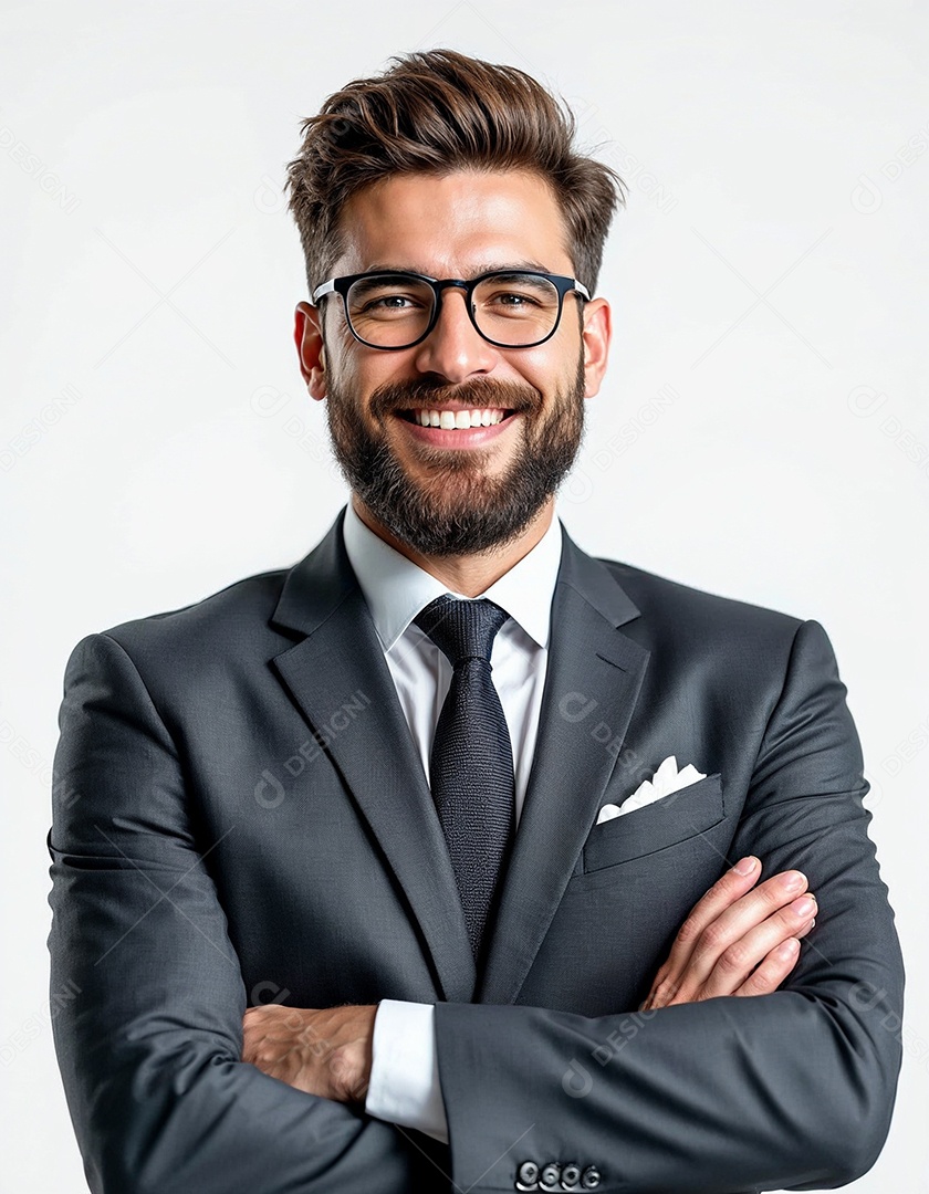 Um retrato de um empresário feliz com os braços cruzados em fundo branco