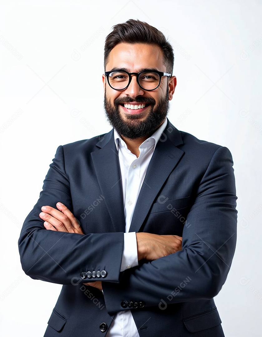 Um retrato de um empresário feliz com os braços cruzados em fundo branco