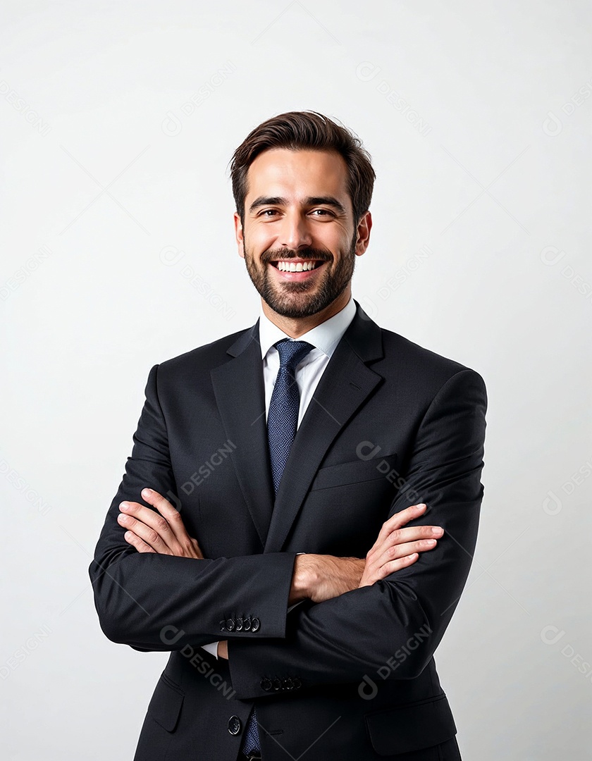 Um retrato de um empresário feliz com os braços cruzados em fundo branco