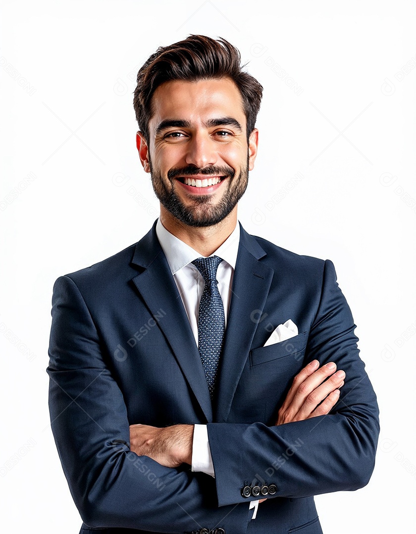 Um retrato de um empresário feliz com os braços cruzados em fundo branco