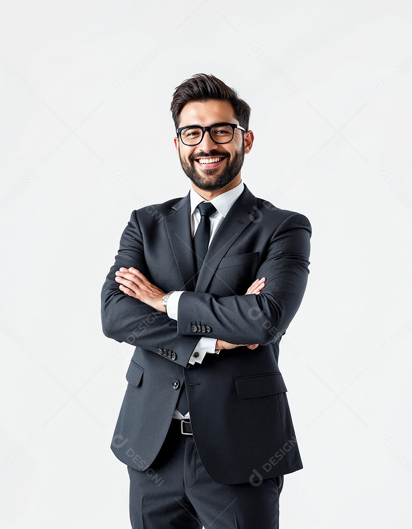 Um retrato de um empresário feliz com os braços cruzados em fundo branco
